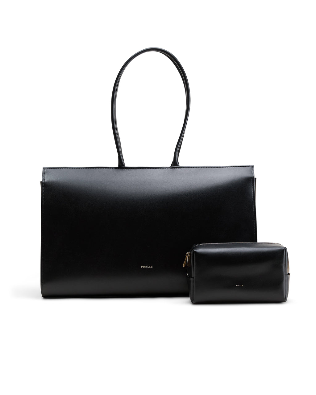Poelle Atelier luxury cosmetic make-up bag set in sleek black leather with matching large tote and small pouch