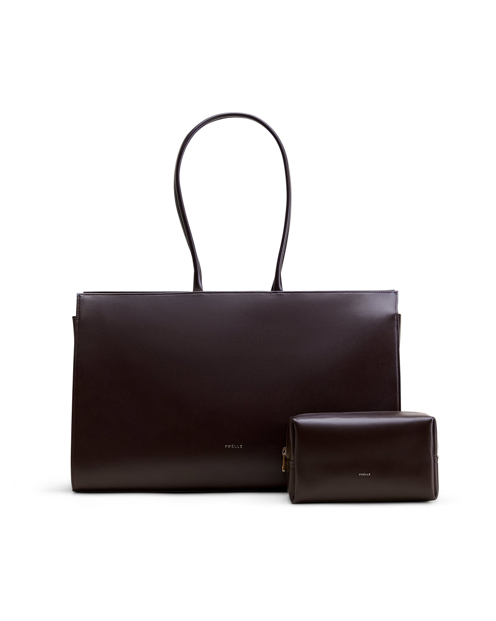 Poelle Atelier luxury cosmetic make-up bag and matching large tote in dark brown leather