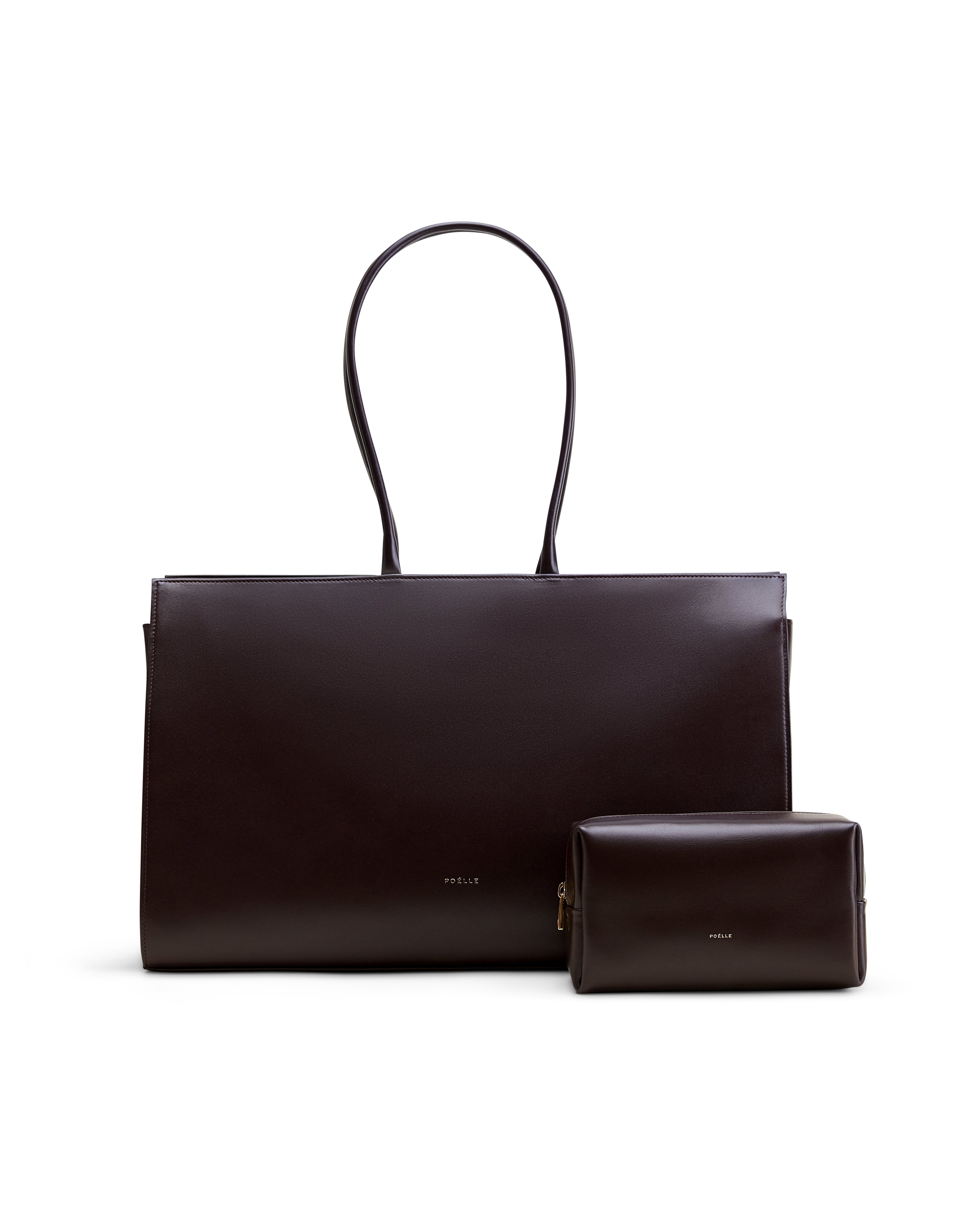 Poelle Atelier luxury cosmetic make-up bag and matching large tote in dark brown leather