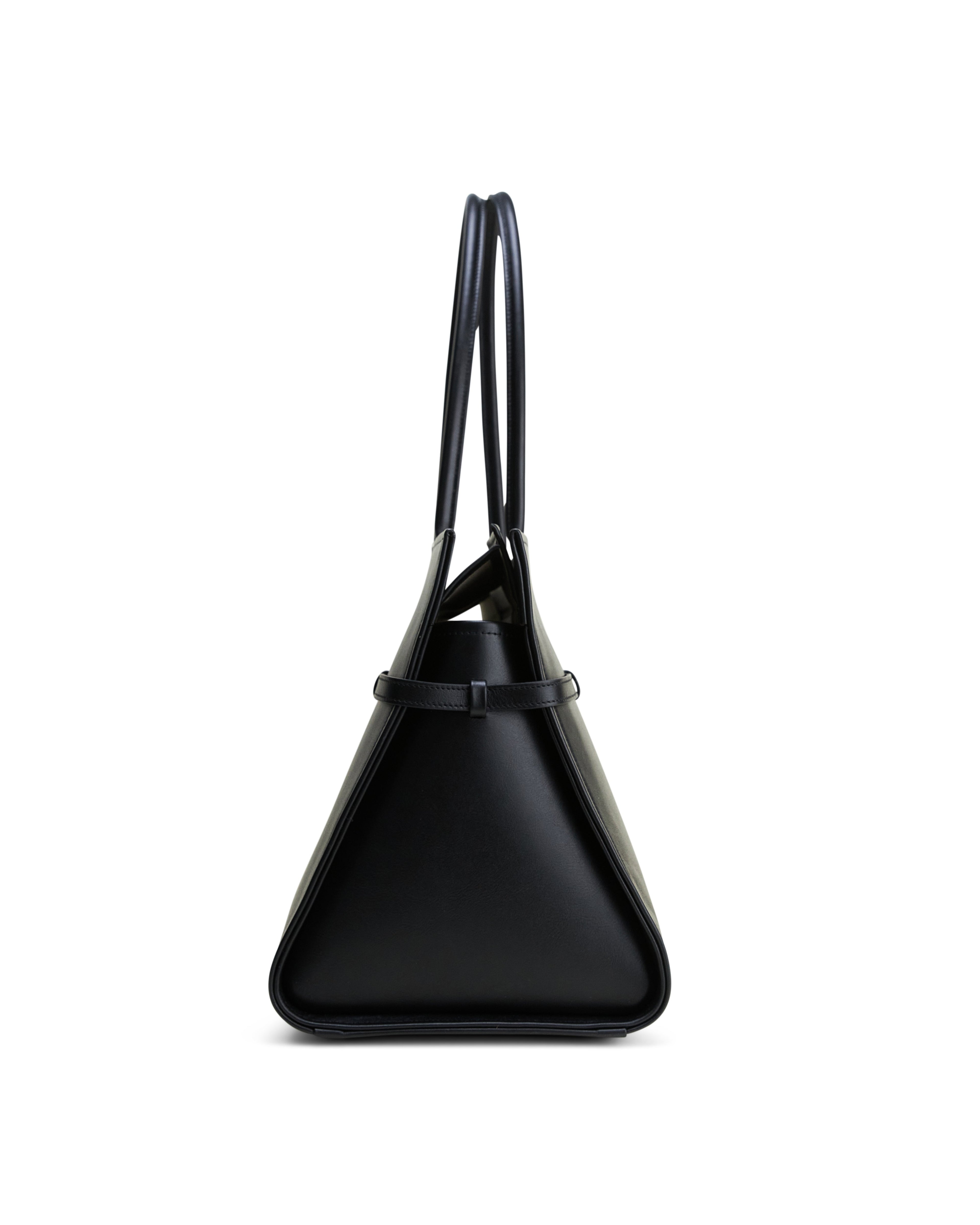 Luxury leather black bag by Poelle Atelier with sleek triangular silhouette and double handles
