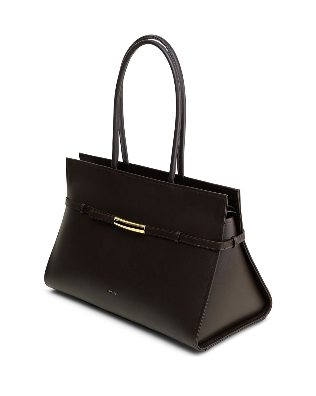 Luxury leather brown bag by Poelle Atelier with sleek handles and gold accent detail