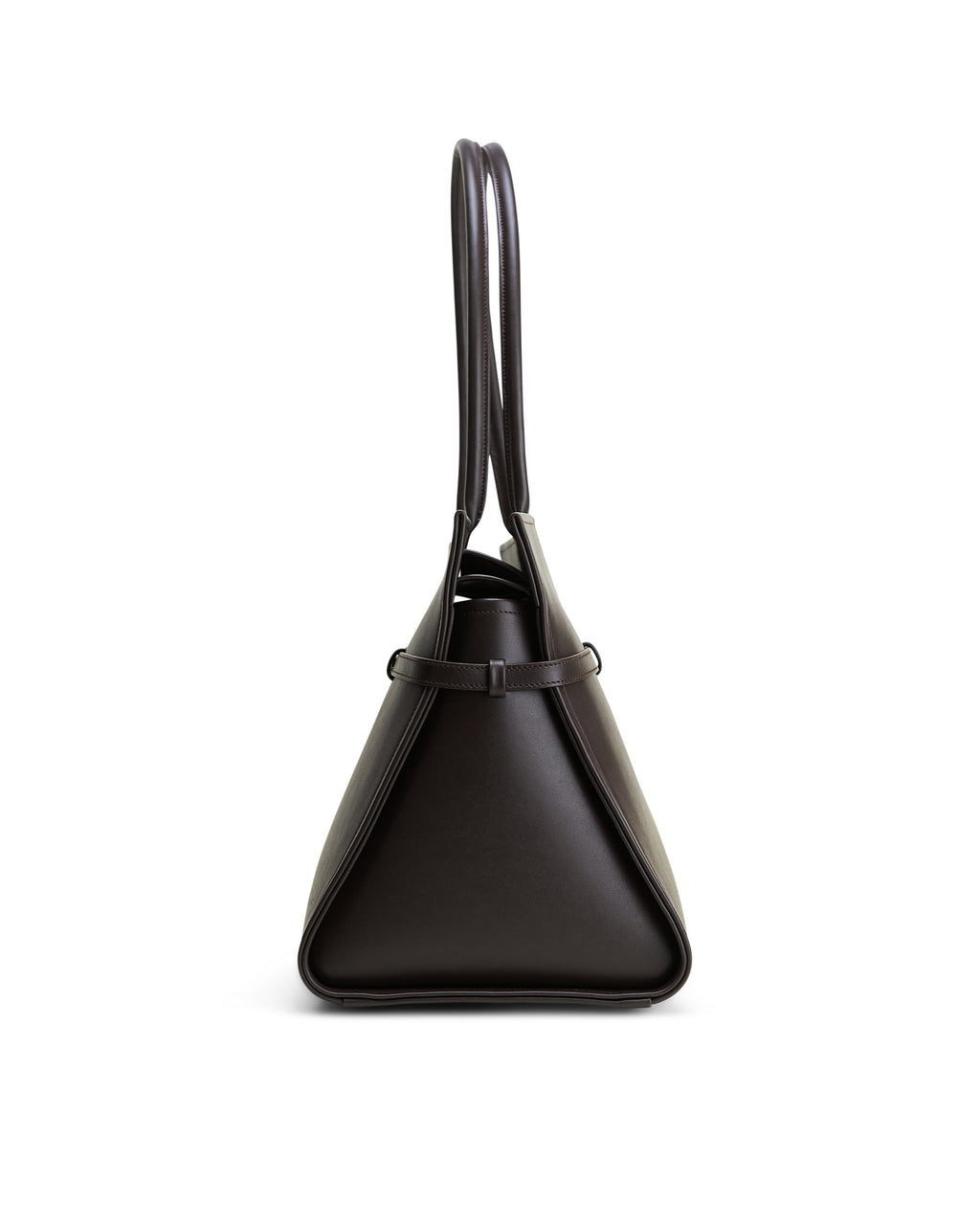 Luxury leather brown bag by Poelle Atelier shown from side with double handles and sleek design