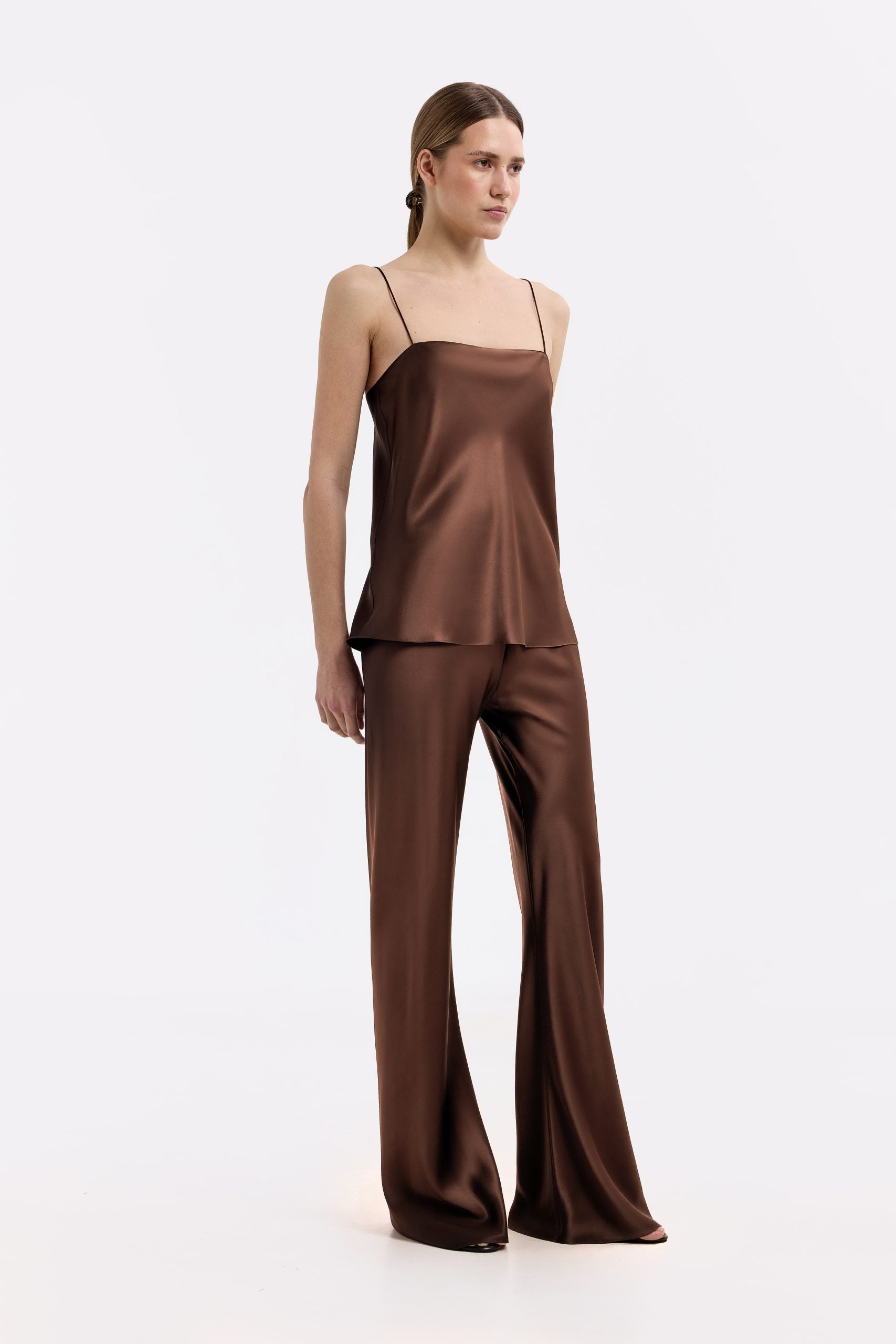 Riviera Chocolate silk satin bias cut slim pants